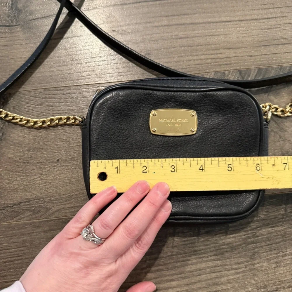 Michael Kors Black Pebbled Leather Crossbody‎ Camera Bag Gold Chain Strap